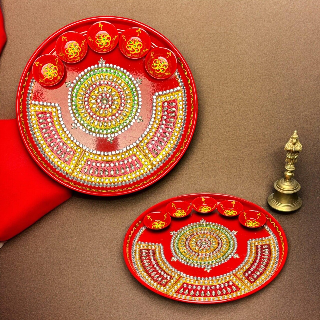 Pooja Thali with 5 Diya Bowls Rhinestone Red Painted Handmade Aarti Rituals Platter Festival Haldi Kumkum Thali Pooja Teej Diwali Wedding Engagement Plate Decorations - Housewarming Gift